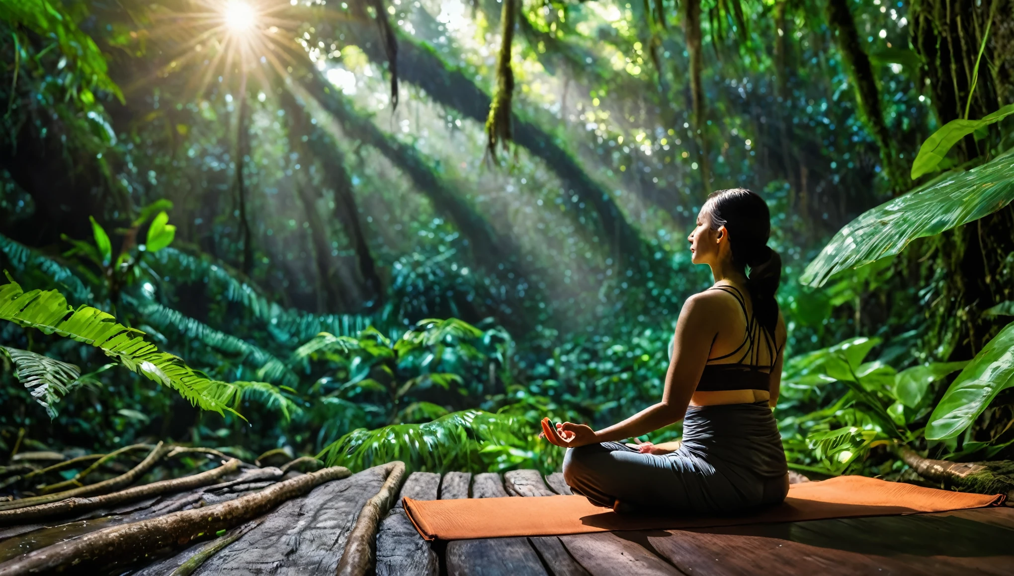 Namaste. Person meditating in the rainforest. The photograph won major awards and was taken with one of the best cameras., Features cinematic lighting, well-defined details, the best quality, 16K, photorrealistic ,