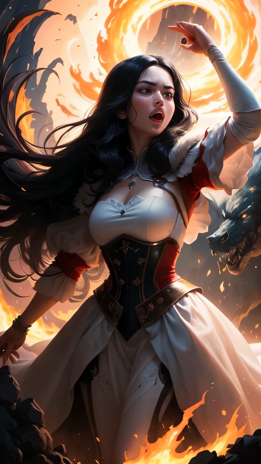 ((best quality)), ((masterpiece)), (detailed), A digital illustration of a furious long black haired woman wearing a full white princess dress throwing the head of a giant monster at night. The background is lava