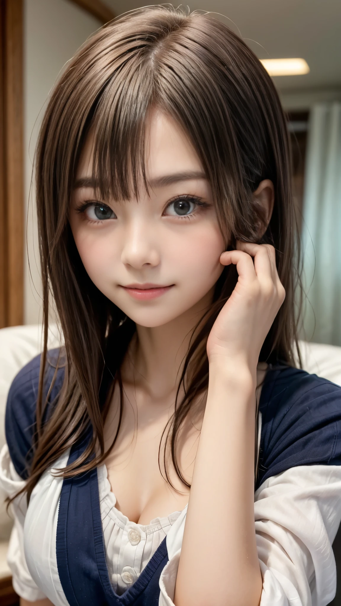 Bright expression、Photorealism、Highest quality、Ultra-high resolution、The most beautiful Scandinavian girls photos、A small face that is cute and beautiful down to the last detail、(Pure Eros Face)、Beautiful Bangs、(Alice in Wonderlandの世界観)、Alice in Wonderland、(18 year old beautiful girl)、Glowing White Skin、Bangs on the face、Attractive bright natural blonde straight silky highlighter hair、Beautiful bright transparent light blue big eyes that are charming and shining、School uniforms、、eyeliner、double eyelid、(Ample breasts)、(The right move:1.2)、Captivating facial expression、Cute pose