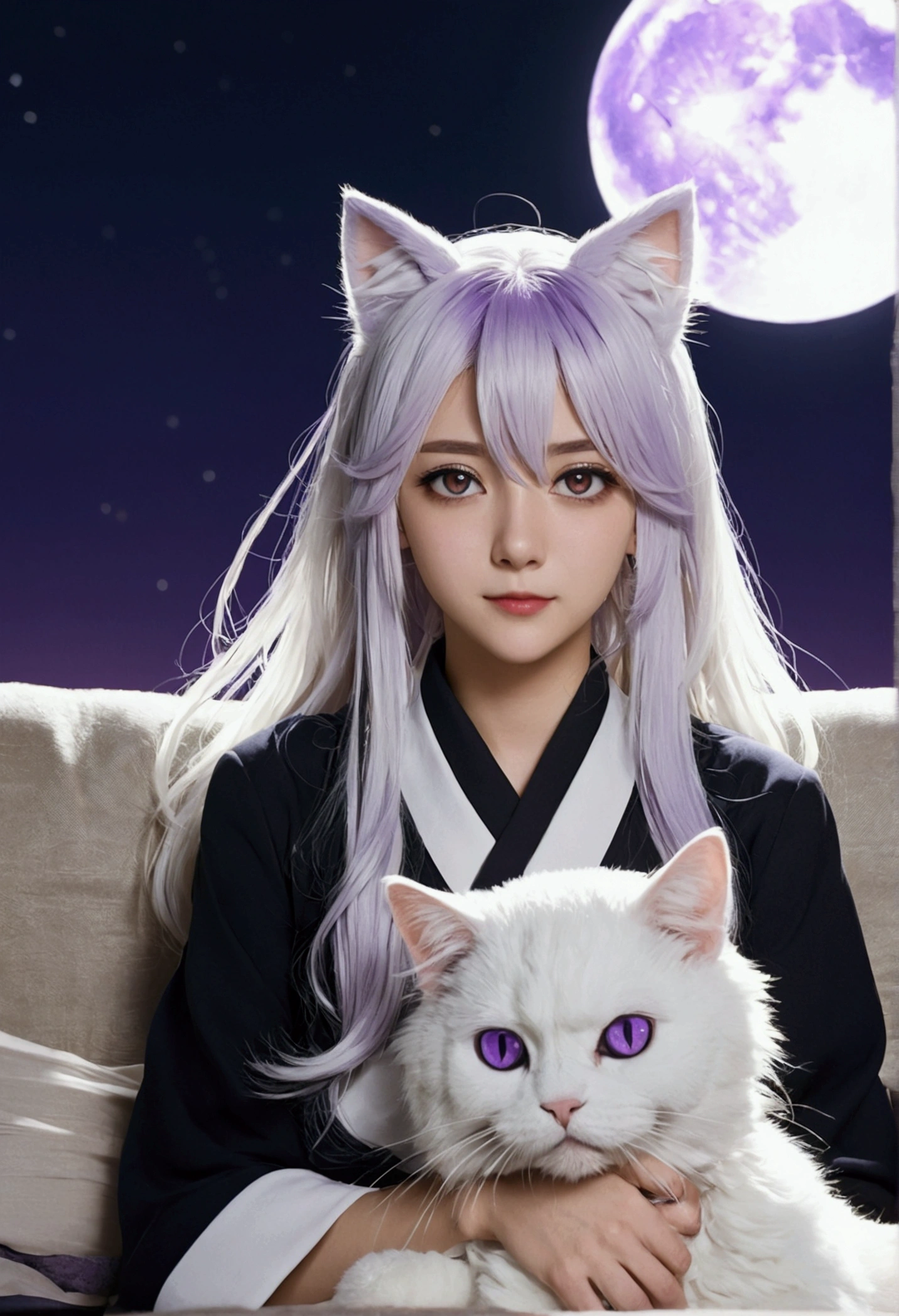 (best quality, masterpiece), 1girl, White hair, Cat ear,Long Wavy Hair,Purple Eyes, anime key visual,Under the moonlight, medium close-up shot of a Witty Futon, Graphic novel, Satisfying, F/1.8