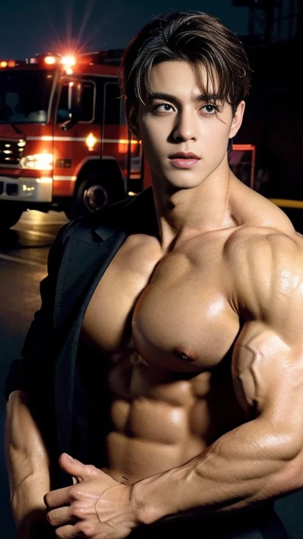 (masterpiece: 1.2), (Realistic:1.5), (Post Processing:1.3), (crisp focus:1.3),wide angle, 1 male police officer,full naked Men ,Handsome blonde ukrainian bodybuilder boy, facial hair, Full naked body, ,(Police badge) ,(), (Abrasions on the body...: 1.3), Short Hair , (High shadow detail),Pectoral muscles, Big arm muscles, blood vessel, Big muscles, Wide shoulders, Abrasions on the body..., Abrasions on the face, nighttime , fire truck, show his big penis, long big dick masturbate, big ass ,