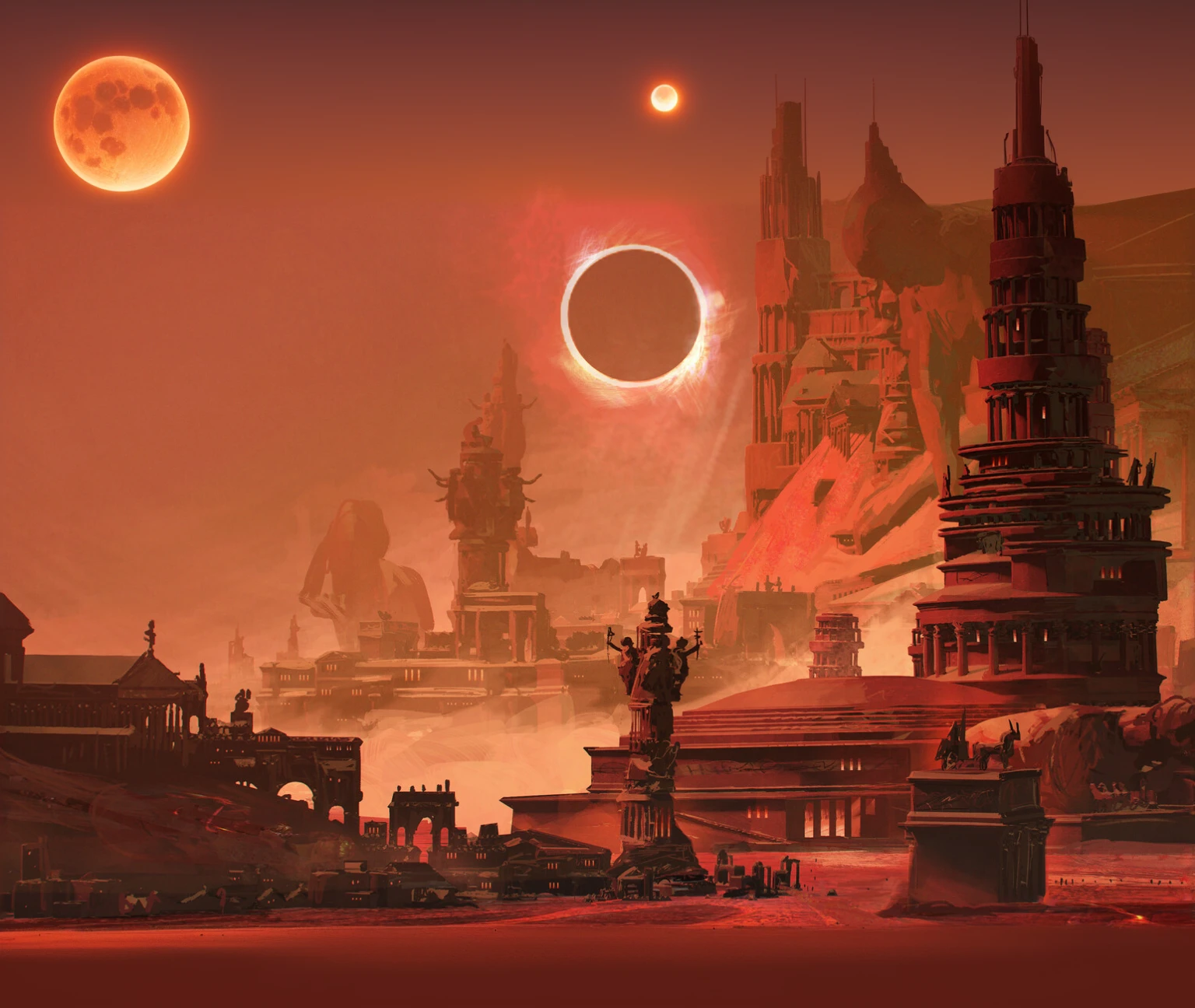 there is a photo of a city with a solar eclipse in the sky, dune city and temples of arrakis, paul lehr and beeple, space opera and dystopian style, incredible & d dark sun art, martian city, red planet rising, 'Dark Sun' - campaign setting, an ancient city on fire, the dark sun of athas, fire, haos, hellish storm