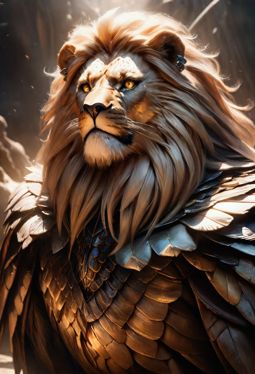 detailed highly realistic hyper-detailed eagle and lion hybrid, incredible detailed eyes, beautiful detailed face, strong muscular body, photorealistic, 8k, ultra-detailed, masterpiece, digital art, fantasy creature, CGI, hyper-realistic, dramatic lighting, intense colors, cinematic composition, award winning, conceptual art, intricate scales and fur, piercing gaze, powerful presence