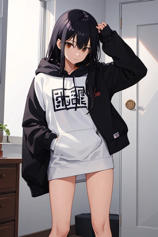 Inside the room、Are standing、Dabo Dabo hoodie、black knee-high socks above the knee、Lower body naked、Black Hair