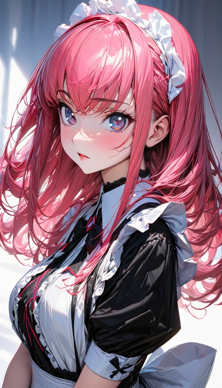 One person, woman, Ultra-high resolution, 超detailed, Highest quality, 8k,((Highest quality)), ((masterpiece)), (detailed),Face direction(),Hair Color(Bright pink,Fine hair quality), Hairstyle(Well-organized), background(sunny),eye(きれいなeye元), clothing(Maid clothes),expression(Exquisite features depicting a perfect face),Body Type(model,beauty),Perfect hands,完璧なwoman像, Dramatic Shadows, Japanese, Cute pose, Anime characters, Code Geass,