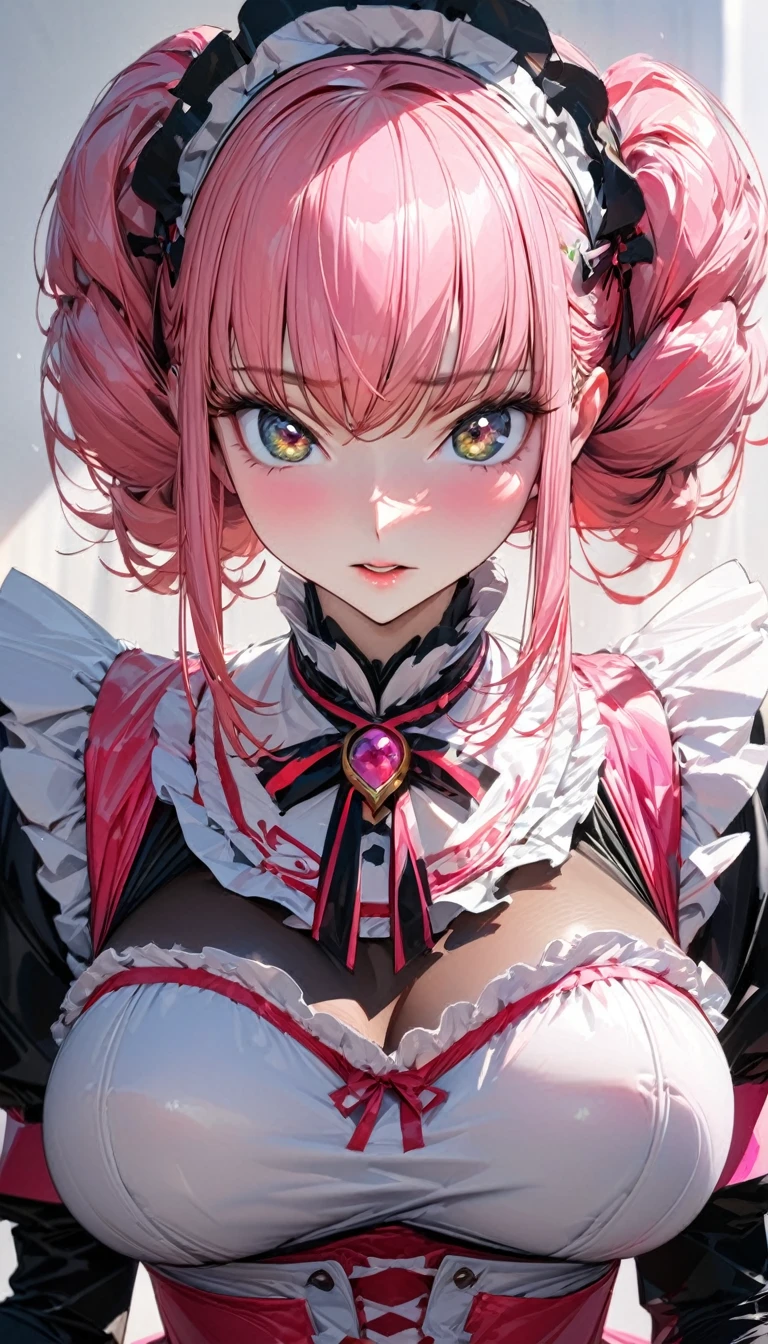 One person, woman, Ultra-high resolution, 超detailed, Highest quality, 8k,((Highest quality)), ((masterpiece)), (detailed),Face direction(),Hair Color(Bright pink,Fine hair quality), Hairstyle(Well-organized), background(sunny),eye(きれいなeye元), clothing(Maid clothes),expression(Exquisite features depicting a perfect face),Body Type(model,beauty),Perfect hands,完璧なwoman像, Dramatic Shadows, Japanese, Cute pose, Anime characters, Code Geass,
