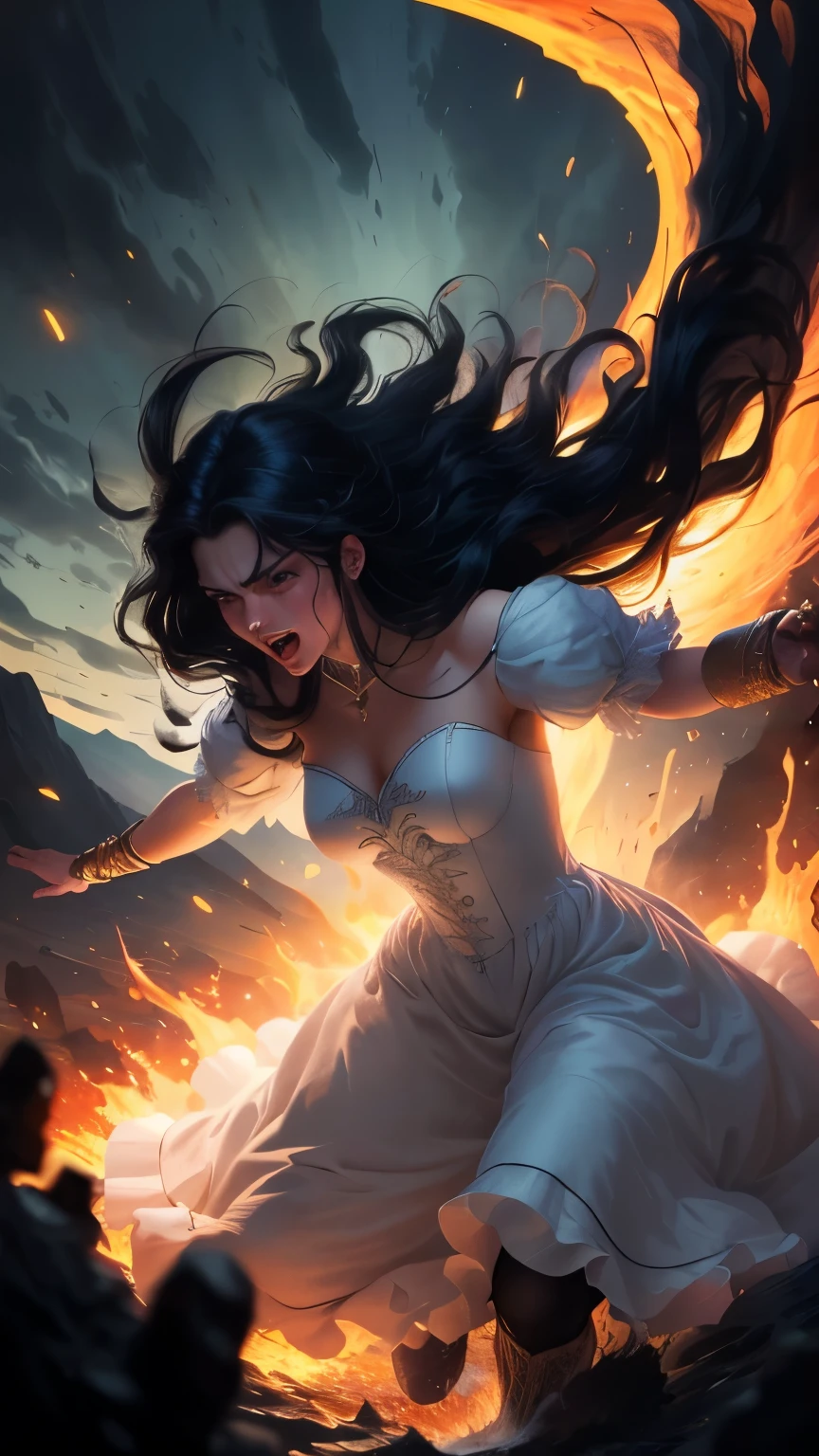 ((best quality)), ((masterpiece)), (detailed), A digital illustration of a furious long black haired woman wearing a full white princess dress throwing the head of a giant monster at night. The background is lava