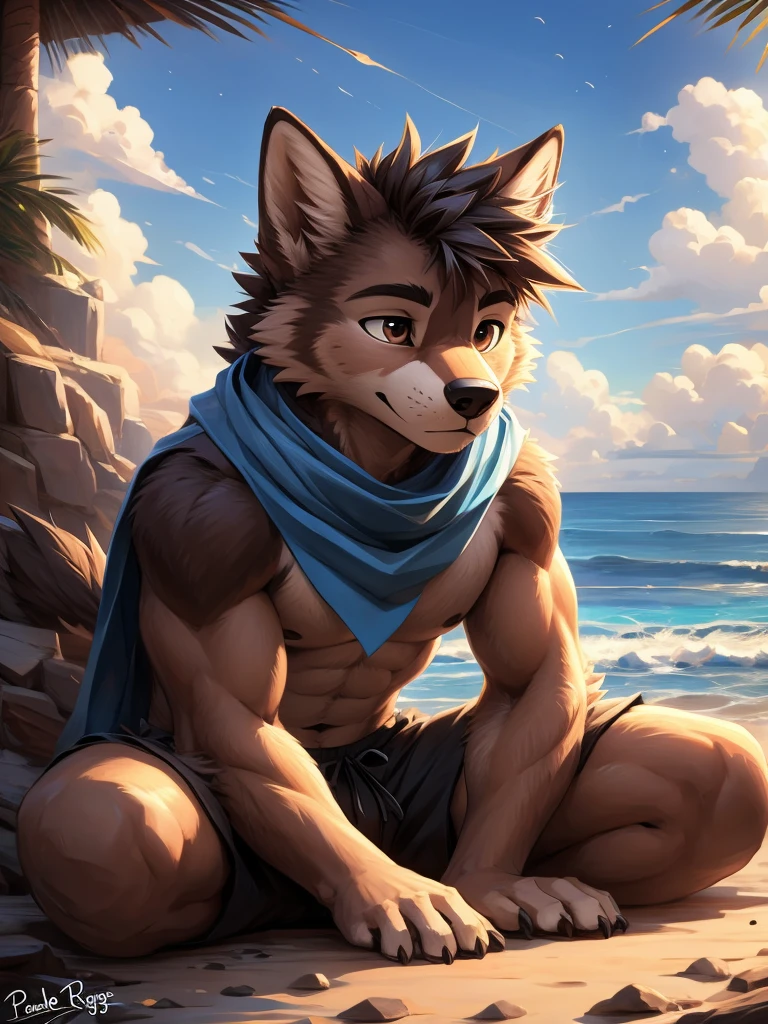 wolf, boy, small, slender, day, ((twink)), detailed, uploaded to e621, beautiful and detailed, kenket, uploaded to e621, laying on back, legs spread, nervous smile, beach, lace speedo, fluffy tail, fauxhawk hair, public tattoo