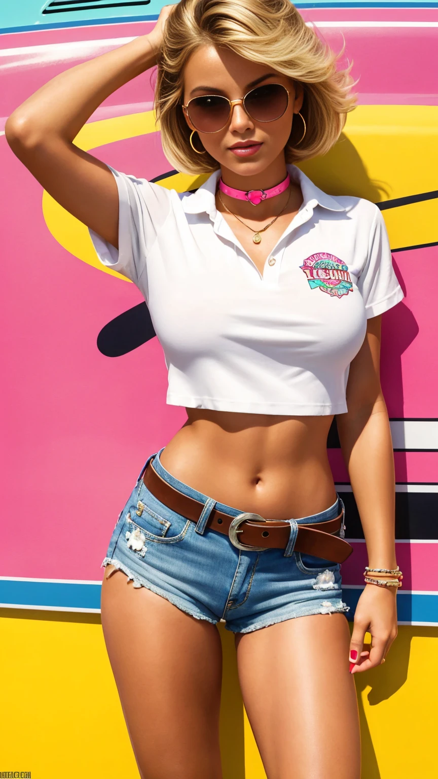Girl-model 25 years old, Italian facial type, pretty, too much tanned, blonde hair, bob hairstyle, bangs, brown eyes, beautiful figure, girl wearing crop deep-pink t-shirt with short sleeves and white jeans sexy too much short micro shorts with belt, beautiful slim long legs, slave bracelets, long slim fingers, slave choker, manicure, cute makeup, flirtatiously posing, hot summer, summer outfit, top quality, highest quality, pin-up style, retro 80s style, Daisy Dukes style, Miami vibes, Californian, American style of Hollywood, bright colors, hiperrealism