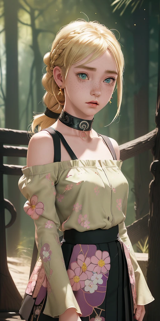(masterpiece, best quality), 1girl in Naruto Shippuden hinata , intricate details, print, earrings, freckles, upper body, bokeh, dappled sunlight, blonde, off shoulder, high-waist skirt, choker, looking at viewer, french braid, bangs, clothing cutout, glitter, particles, strap slip,