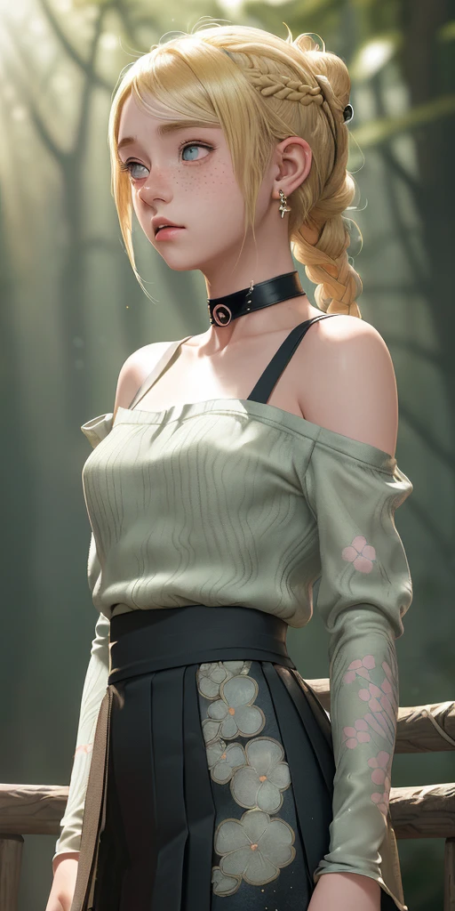 (masterpiece, best quality), 1girl in Naruto Shippuden hinata , intricate details, print, earrings, freckles, upper body, bokeh, dappled sunlight, blonde, off shoulder, high-waist skirt, choker, looking at viewer, french braid, bangs, clothing cutout, glitter, particles, strap slip,