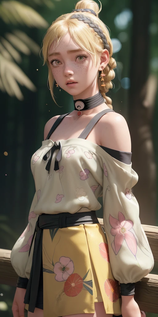 (masterpiece, best quality), 1girl in Naruto Shippuden hinata , intricate details, print, earrings, freckles, upper body, bokeh, dappled sunlight, blonde, off shoulder, high-waist skirt, choker, looking at viewer, french braid, bangs, clothing cutout, glitter, particles, strap slip,