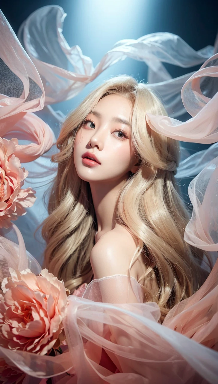 potrait, korean woman, long blonde hair. romantic, floating organza, billowing chiffon, studio lighting, outer space, Intricate, Sharp Focus, Concept Art, Artstation, Digital painting, Highly detailed, Concept art, Pastel coral pink, Pastel white, Pastel blue, Pastel pink, Scifi, Futuristic, Silver Hyperrealism,high quality,high detailed,ultra detailed