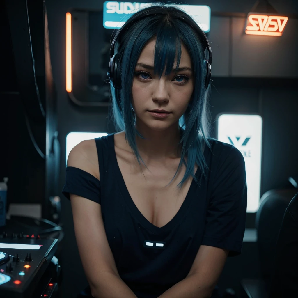Type japonaise, blue hair, blue eye, cute, name ana. une belle femme aux blue hairs et aux cheveux bouclés portant des écouteurs surdimensionnés, sitting in a dark room surrounded by cyberpunk neon lights, with a DJ deck, Cyberpunk Aesthetic, visage et expression , sharpness, cinematic, head of;artwork, tenue outdoor