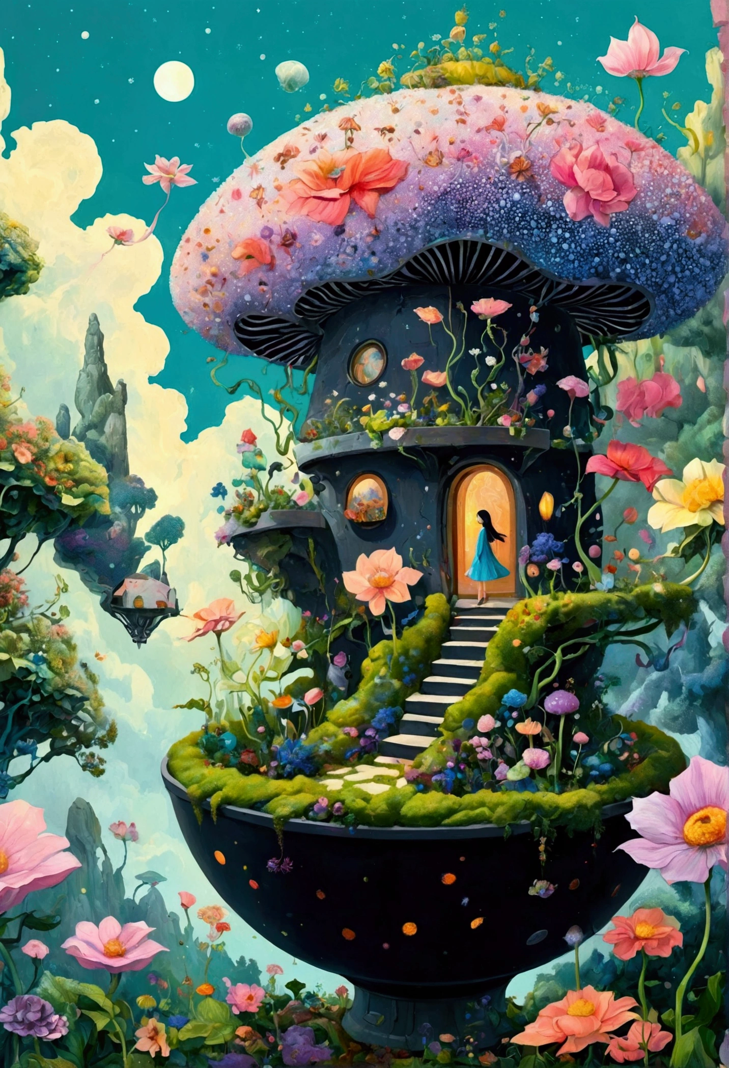 Artists from the stars，Psychedelic Art，Pointillism method，Colorful black，There is a painting，There is a fairy in a flower pot in the painting, Whimsical fantasy landscape art, A beautiful artistic illustration, 异想天开的Surrealism, Color illustrations, very surreal garden, 神奇的Surrealism, lush garden spaceship, Shin Jin Hye Art, bloom. alta fantasia, author：Toth Wu, Affable ， Wenjun Lin, Surrealism, dreamy painting of coronavirus