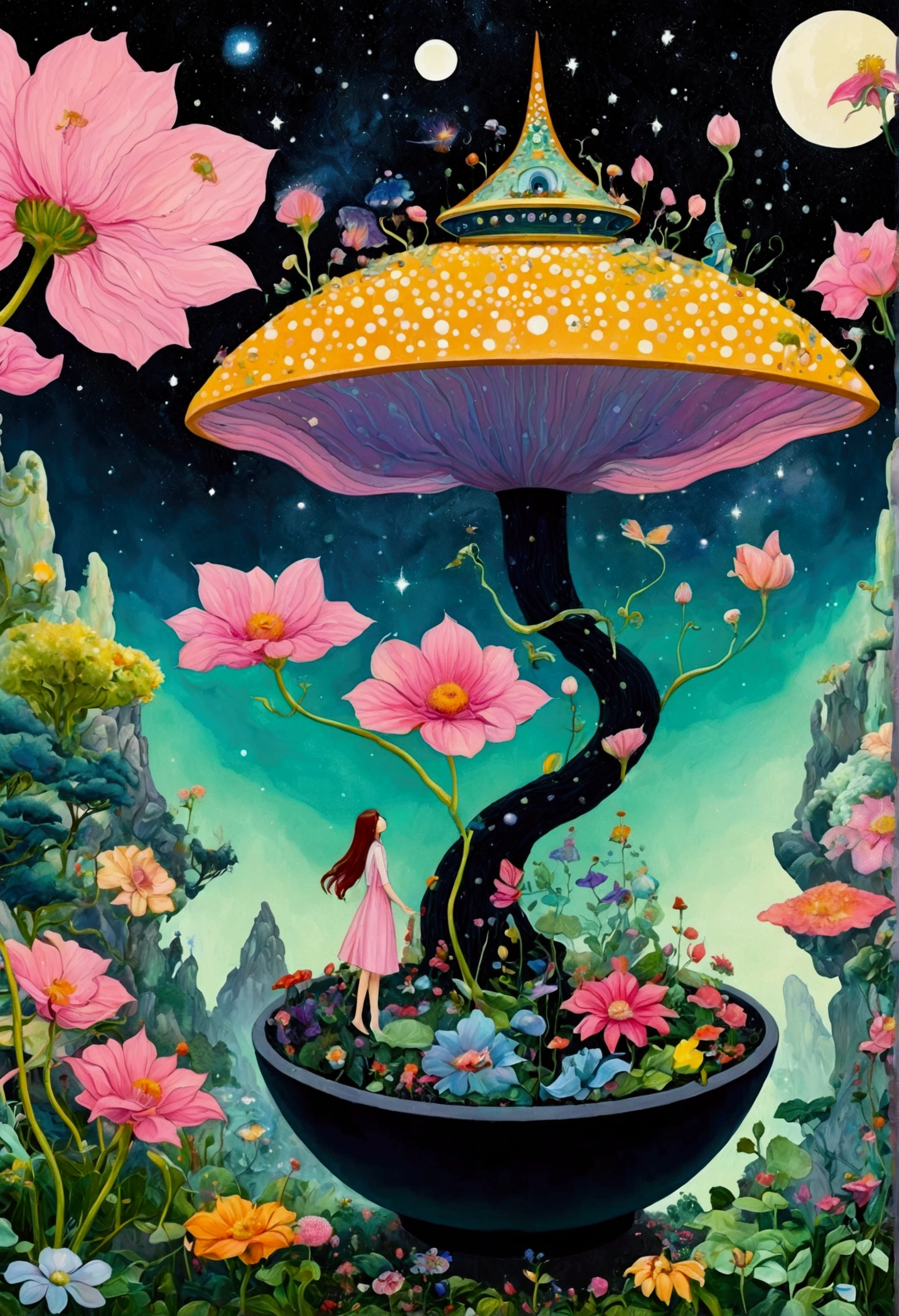 Artists from the stars,Psychedelic Art,Pointillism method,Colorful black,There is a painting,There is a fairy in a flower pot in the painting, Whimsical fantasy landscape art, A beautiful artistic illustration, 异想天开的Surrealism, Color illustrations, very surreal garden, 神奇的Surrealism, lush garden spaceship, Shin Jin Hye Art, bloom. alta fantasia, author:Toth Wu, Affable , Wenjun Lin, Surrealism, dreamy painting of coronavirus