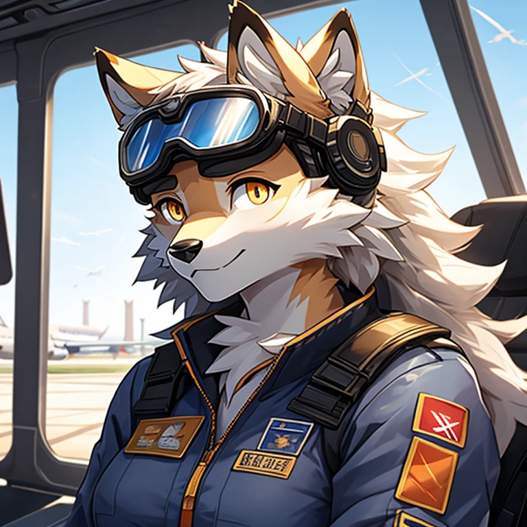 (best picture quality), (masterpiece, ,(Super detailed), One female furry artic fox, (white skin and fur on her body, fluffy fur, white fur, (golden pupils)), has grey ears, hairy animal ears) in the Airport, pilot, wears flight suit, goggles, natural lighting, complex background, Detailed face,details on face, Character focus, Detailed clothes, upper part of body, depth of field, lighting perfect, sharp focus, Character close-up, sunny day