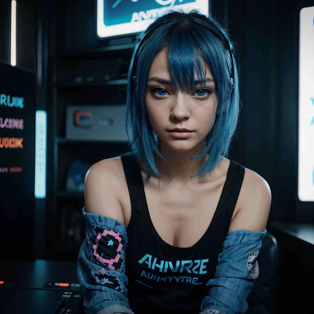 Type japonaise, blue hair, blue eye, cute, name ana. une belle femme aux blue hairs et aux cheveux bouclés portant des écouteurs surdimensionnés, sitting in a dark room surrounded by cyberpunk neon lights, with a DJ deck, Cyberpunk Aesthetic, visage et expression , sharpness, cinematic, head of;artwork, tenue outdoor