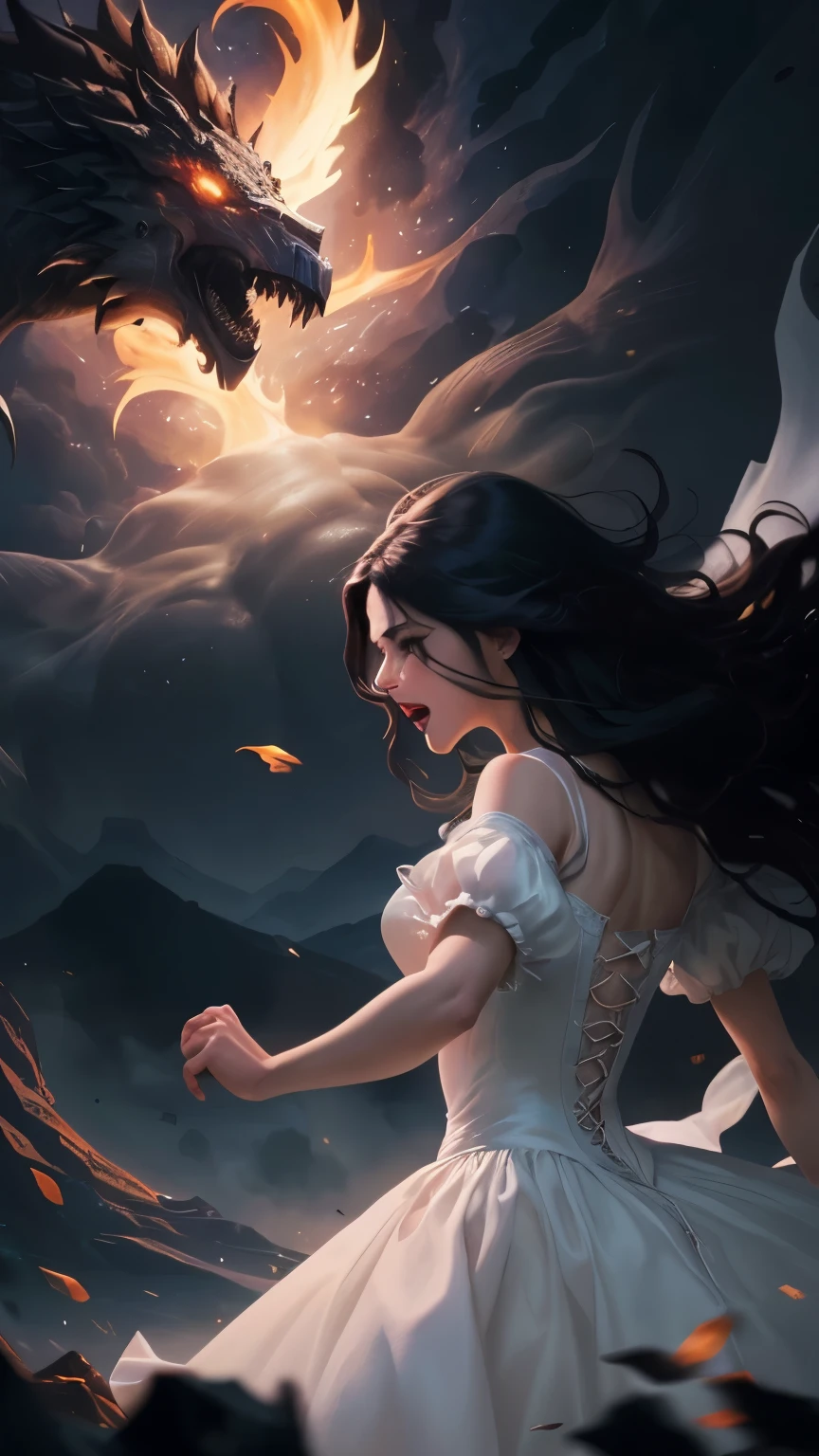 ((best quality)), ((masterpiece)), (detailed), A digital illustration of a furious long black haired woman wearing a full white princess dress throwing the head of a giant monster at night. The background is lava