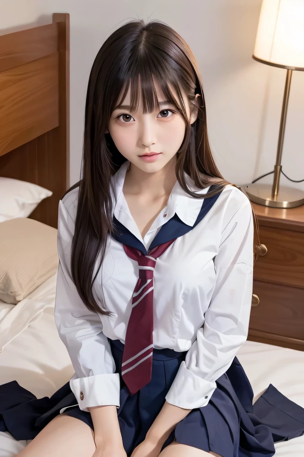 ((top-quality、​masterpiece))、Raw photography、8K、top-quality、 超A high resolution、Beautiful face in every detail、Realistic human skin、Gentle expression、front-facing view、Farbe々From an angle、realisitic、Photorealsitic、Beautie、length hair、a short skirt、Beautiful schoolgirl、Japan schoolgirl wearing uniform、Surreal High School Girl、(wrist watch)、a bed、window、neck tie、smil、bangss