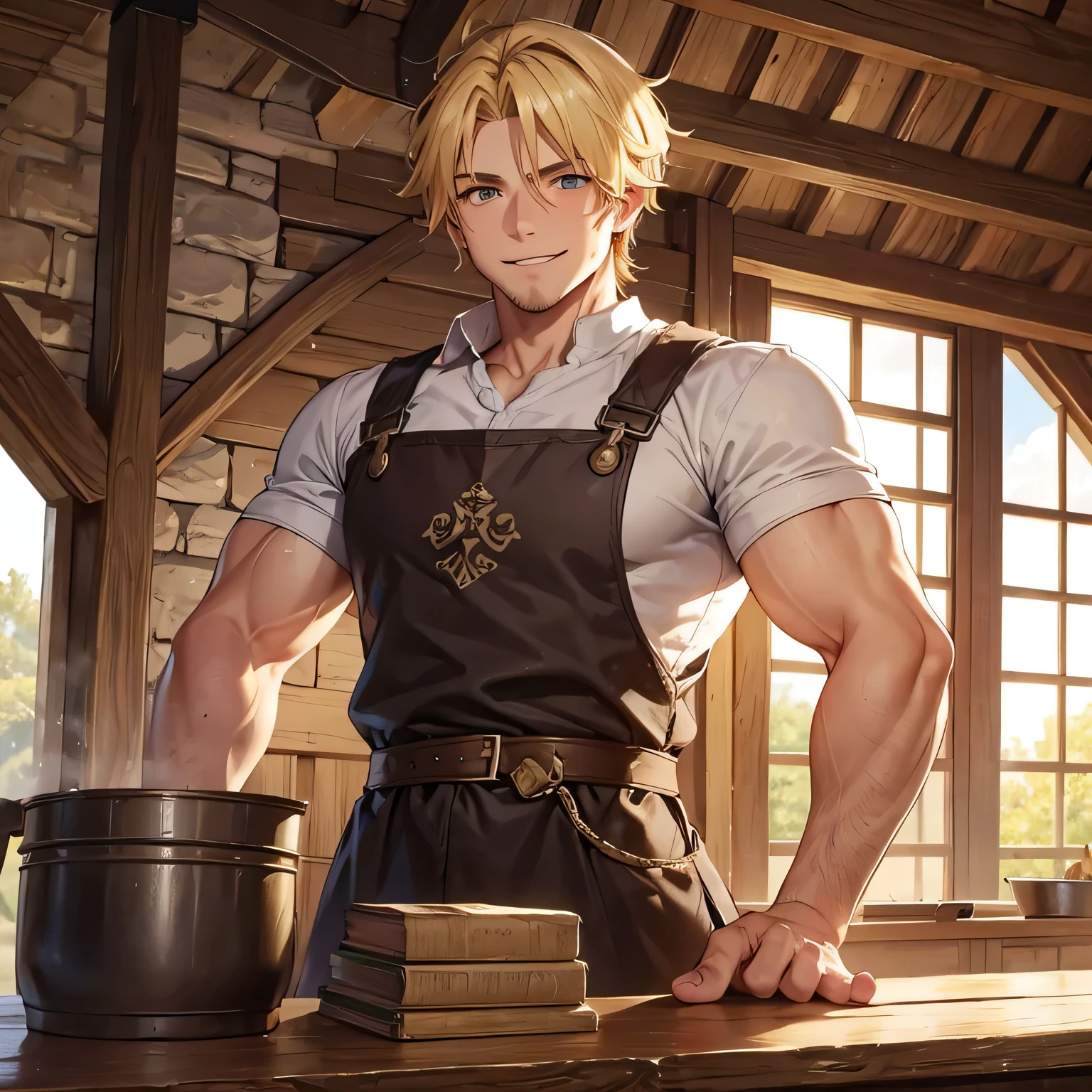 medieval farmer muscled physique, square jaw, blonde hair, smiling kindly at me, inside medieval farmhouse