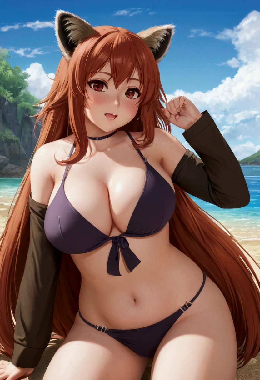 work of art, best qualityer, Raphtalia, a girl, only, long hair, breastsout, gazing at viewer, large breasted, large hip, blush, Back, a smirk, Only bikini, red hair, Eyes red, thicc thighs, long sleeves, ful dressed, watching, animal ears, pretty long hair, cloused mouth, bikini, raccoon tail, raccoon girl, curving,