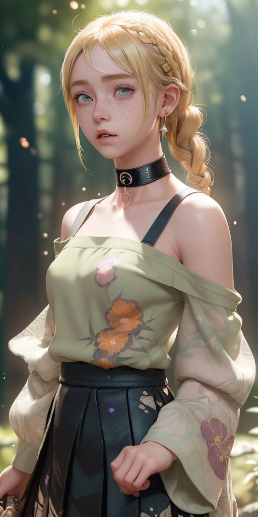 (masterpiece,best quality),1girl,Naruto Shippuden Hinata,intricate details,print,earrings,freckles,upper body,bokeh,dappled sunlight,blonde,off shoulder,high-waist skirt,choker,looking at viewer,french braid,bangs,clothing cutout,glitter,particles,strap slip