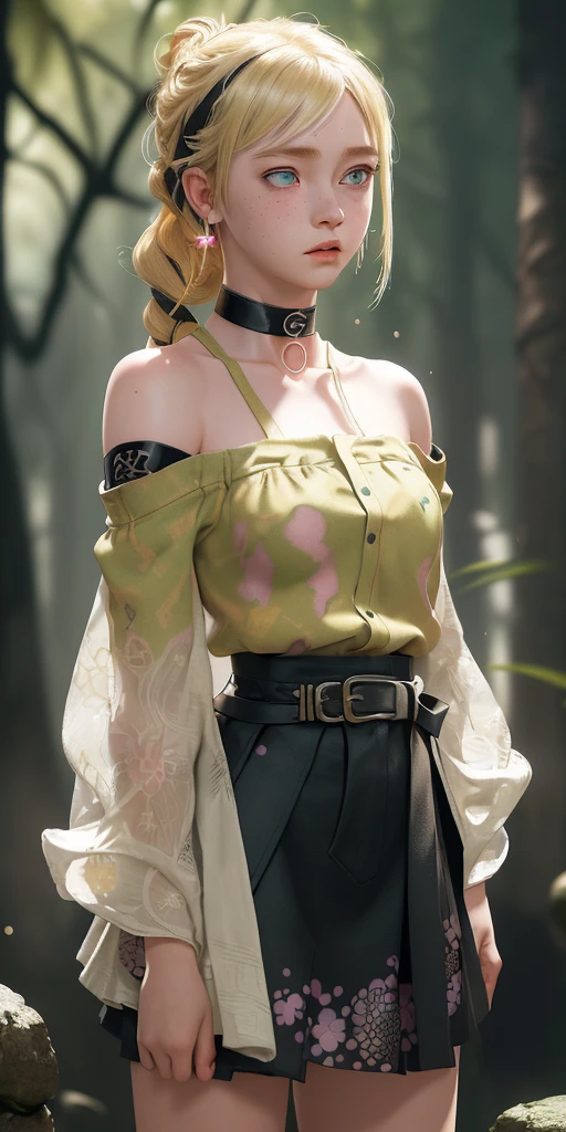 (masterpiece,best quality),1girl,Naruto Shippuden Hinata,intricate details,print,earrings,freckles,upper body,bokeh,dappled sunlight,blonde,off shoulder,high-waist skirt,choker,looking at viewer,french braid,bangs,clothing cutout,glitter,particles,strap slip