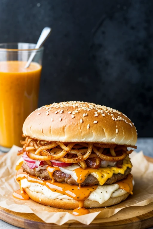 A profile burger, that has only one flesh, a melted chopped mozzarella cheese, crispy onion, caramelized tocineta, an orange sauce and artisan bread, that looks complete and is on one floor