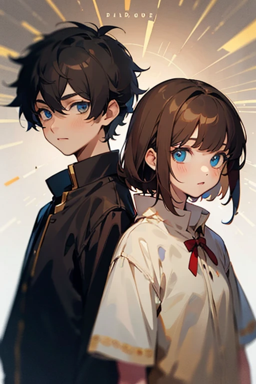 10 year old twin boy and girl , the black-haired boy with blue eyes and the girl with brown hair and golden eyes.