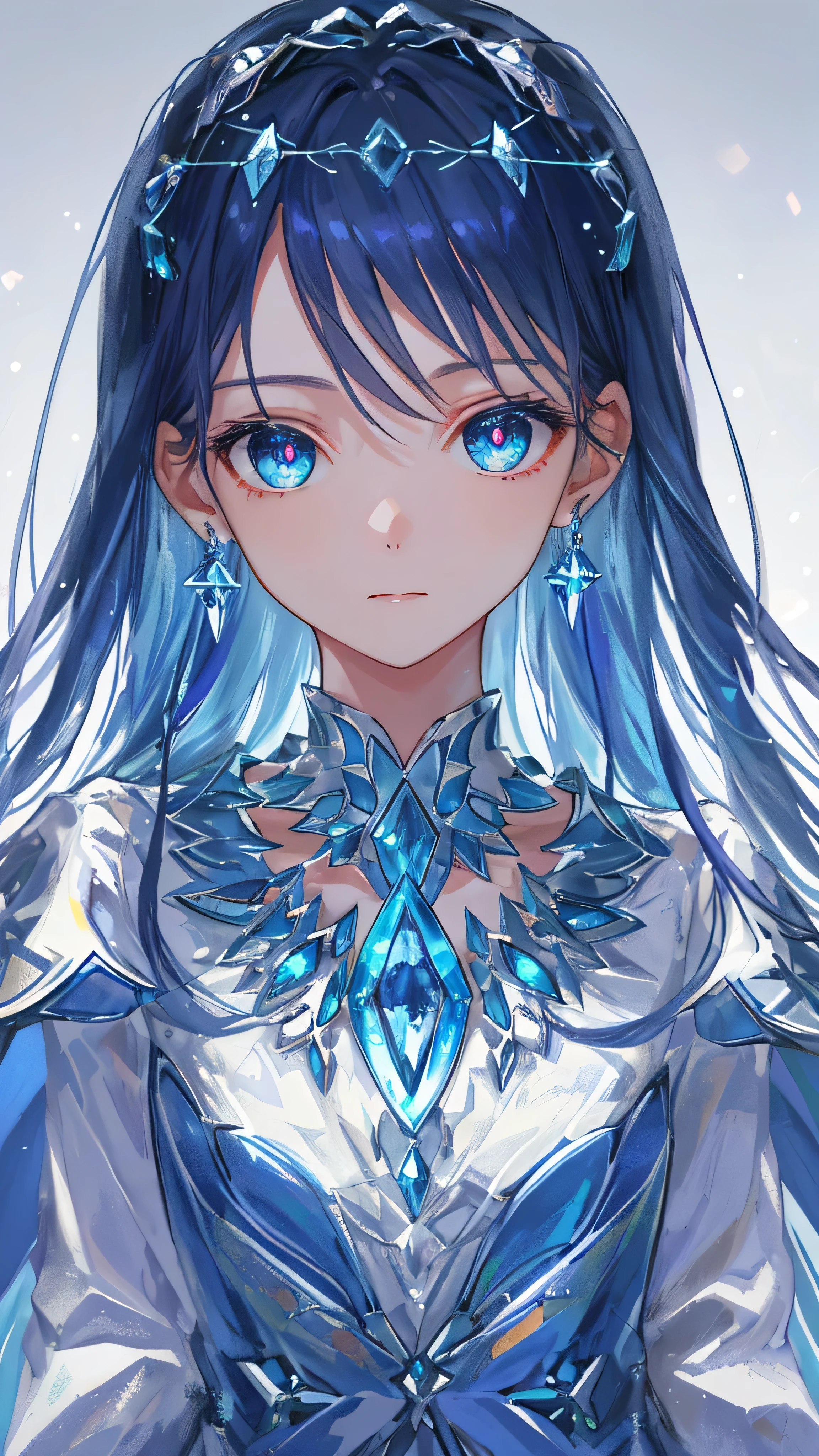 tmasterpiece，Need，illustration，Sax Blue，Platinum Earrings，Platinum Necklace，Silver necklace，（Thin long necklace），whiteskirt，1girl，adolable，（Dinamic Light：1.2），cinematric light，Delicate facial features，Detailed eyes，Sharp pupils，realistic pupil，depth of fields，Background bokeh，sharp focus，（ultra - detailed，Halation，with light glowing：1.4），Many small gemstones