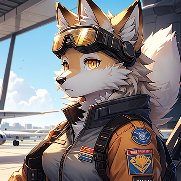 (Best Quality), (Masterpiece), (((Single))), (Ultra Detailed), (Furry), Full Body Furry, Furry, (Male Arctic Fox: 1.5), (Gray Skin: 1.3), (Gray Fur: 1.3), Character Focus, (Golden Eyes), ((Canine Paws)), ((Detailed People)), (Gray Ears), Sharp Focus, (Furry Animal Ears), Wearing a WWII Pilot Suit, Flying Goggles, Piloting a WWII fighter, Fly in the sky, propeller plane, pilot plane, aircraft cabin