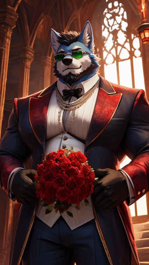 ((best quality)), ((masterpiece)), (Ultra detailed), ((4k)).
Anthro Wolf , Light Blue Fur , Red Color Short Hair ,Black Beard , Handsone , Good Looking , Green Eyes ,(Eyes Details), Middle Ages , Huge Pecs Size , Fat Belly , Neckless , Black Sunglasses , Wear Wedding Suit , Black Gloves