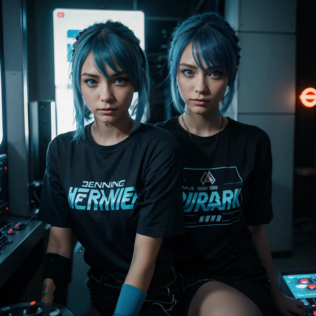 Type japonaise, blue hair, blue eye, cute, name ana. une belle femme aux blue hairs et aux cheveux bouclés portant des écouteurs surdimensionnés, sitting in a dark room surrounded by cyberpunk neon lights, with a DJ deck, Cyberpunk Aesthetic, visage et expression , sharpness, cinematic, head of;artwork, tenue outdoor, ecris sur son tshirt "Karmine Corp (KC)"