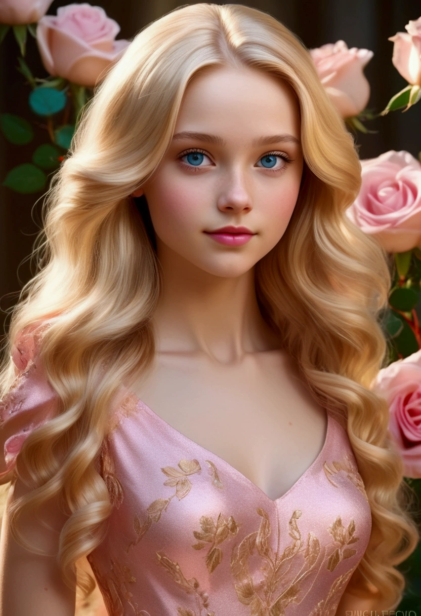 Adorable and innocent face, fair skin, (long and wavy blonde hair), blue eyes, slender European young woman, pink gold rose gold color themed dress, anatomically correct, realistic proportions, Realistic Photo