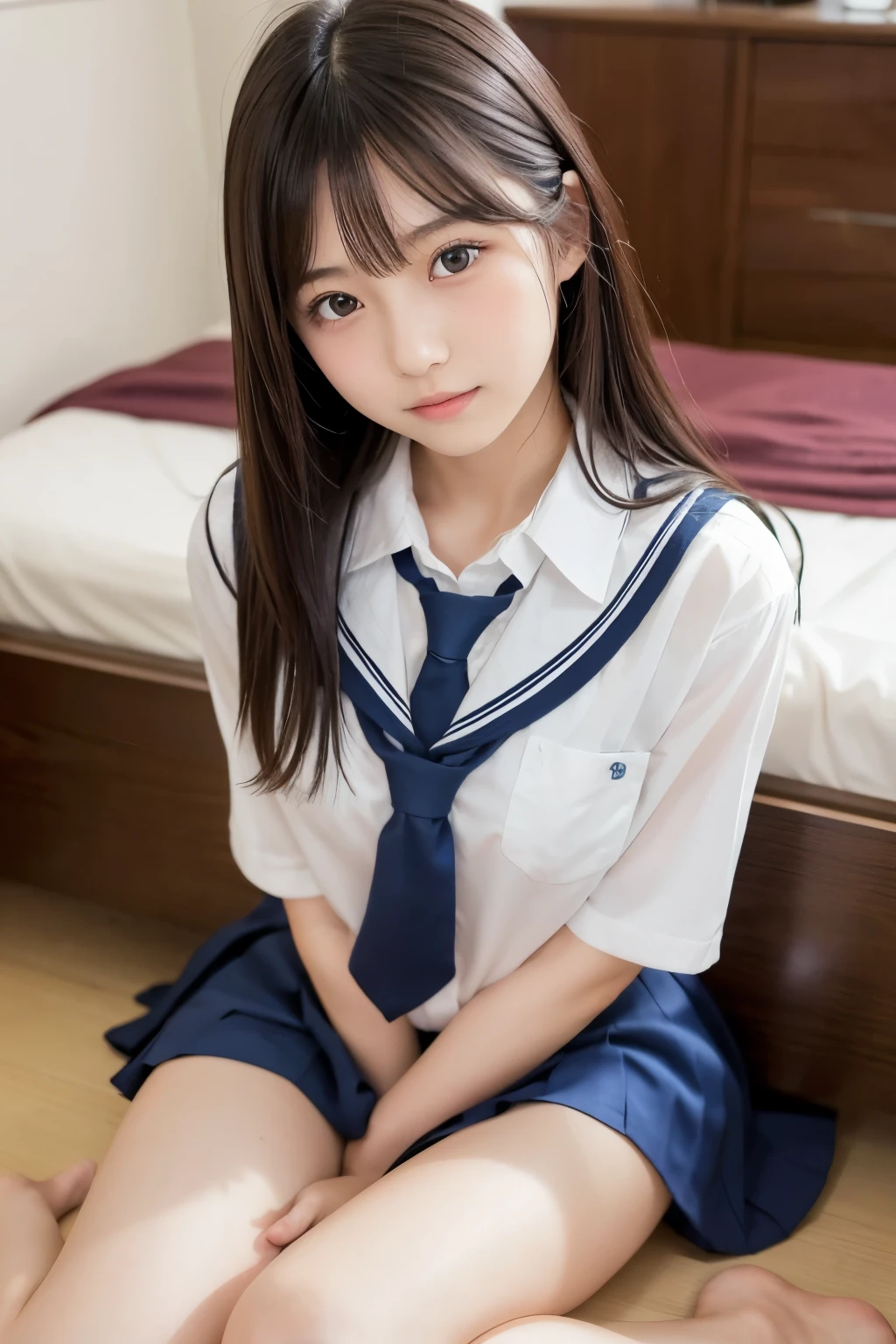 (Cute Japanese Girls), Sexy 18 year old girl, (The cutest faces), Thin chest, Thin thighs, Straight hair, On the bed, (((school uniform))), ((model like sexy pose)), (expression in orgasm), ((lying on)), 