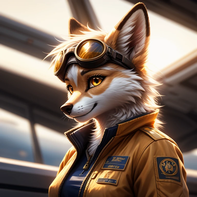 (best picture quality), (masterpiece, ,(Super detailed), One female furry artic fox, (white skin and fur on her body, fluffy fur, white fur, (golden pupils)), has Brown ears, hairy animal ears) in the Airport, pilot, wears flight suit, goggles, natural lighting, complex background, Detailed face,details on face, Character focus, Detailed clothes, upper part of body, depth of field, lighting perfect, sharp focus, Character close-up, sunny day