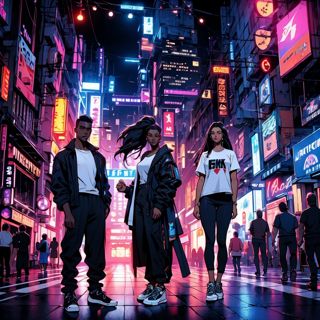 Black, dark-skinned, male, long hair, dreadlocks, high ponytail, blue strands, black eyes, white T-shirt, black unbuttoned jacket, black pants, black sneakers. Cyberpunk, in the middle of cyberpunk street, people around, fisheye zoom, standing sideways on the floor, the dark background is illuminated by bright lights in the style of cyberpunk, the mysterious image of cyberpunk, cyberpunk city