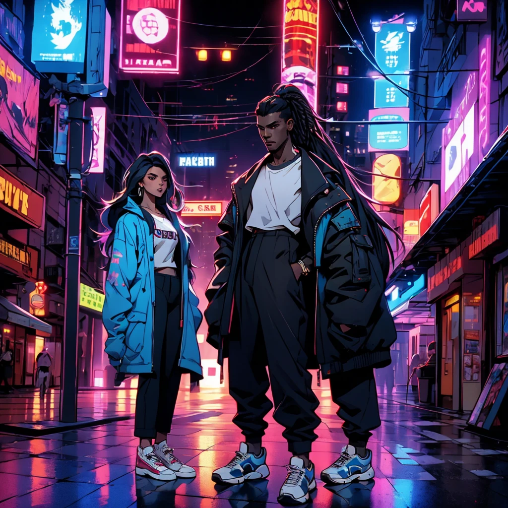 Black, dark-skinned, male, long hair, dreadlocks, high ponytail, blue strands, black eyes, white T-shirt, black unbuttoned jacket, black pants, black sneakers. Cyberpunk, in the middle of cyberpunk street, people around, fisheye zoom, standing sideways on the floor, the dark background is illuminated by bright lights in the style of cyberpunk, the mysterious image of cyberpunk, cyberpunk city