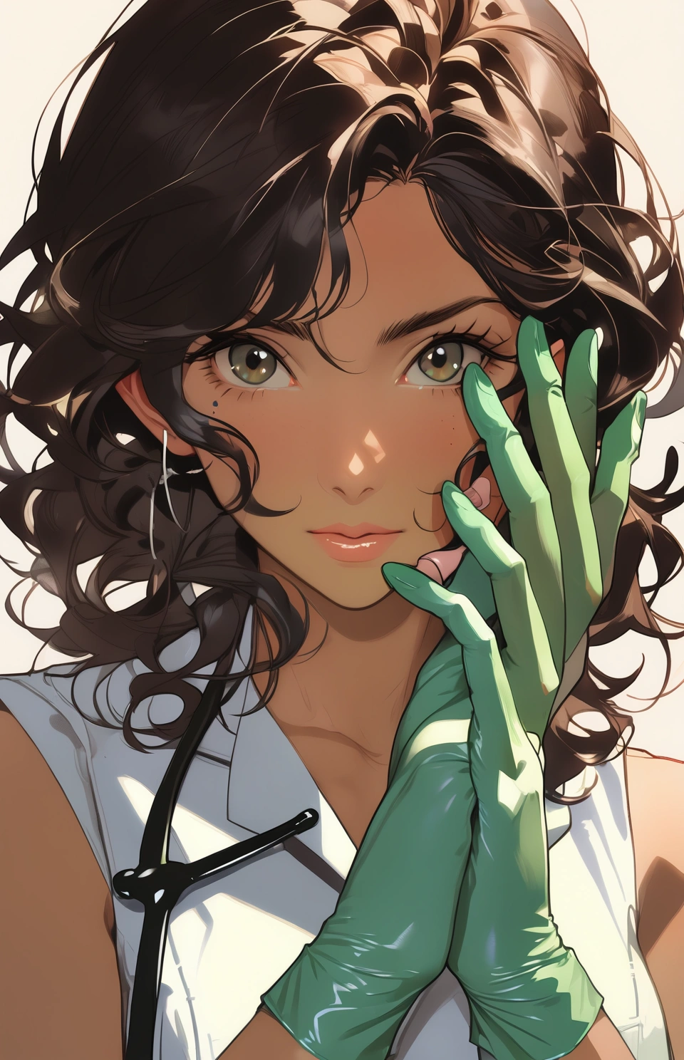 26 y.o sexy doctor, putting on rubber gloves, detailed eyes, natural skin, hard shadow. Style by J.C. Leyendecker. Style by Makoto Shinkai