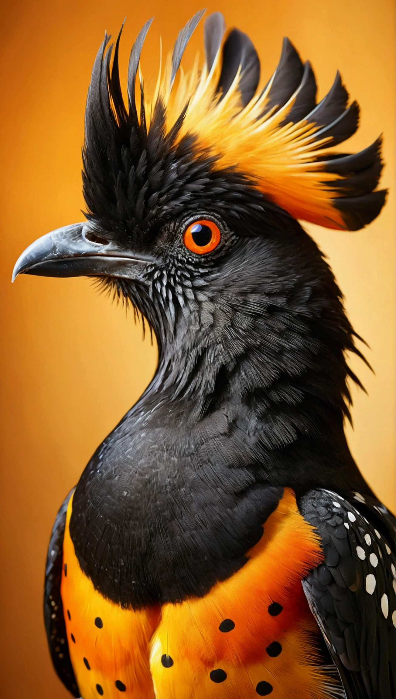 Exotic crested bird with black plumage adorned by vibrant multicolored spots, bright orange eyes, short beak, white chest, and distinctive head tuft against a warm golden background