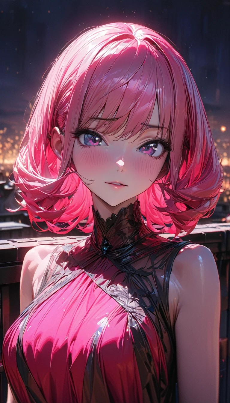 One person, woman, Ultra-high resolution, 超detailed, Highest quality, 8k,((Highest quality)), ((masterpiece)), (detailed),Face direction(diagonal),Hair Color(Bright pink,Fine hair quality), Hairstyle(Well-organized), background(Rooftop,night),eye(きれいなeye元), clothing(dress),expression(Exquisite features depicting a perfect face),Body Type(model,Glamorous),Perfect hands,完璧なwoman像, Dramatic Shadows, Japanese, Cute pose, Anime characters, Code Geass,