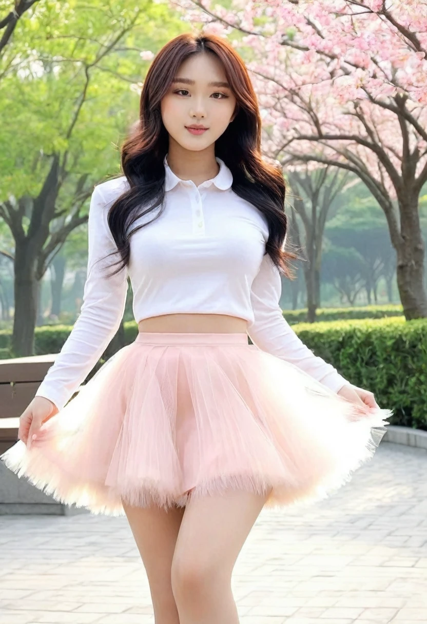 (((high quality:1.2))), Work of art, (8k), extremely detailed, ((High detail:1.2)) ((best resolution)), (Hotlexi woman), (Go Youn-jung), Solo, ((24 years old Korean Ulzzang female)), ((short feathered tulle skirt, butt over)), (standing, close),