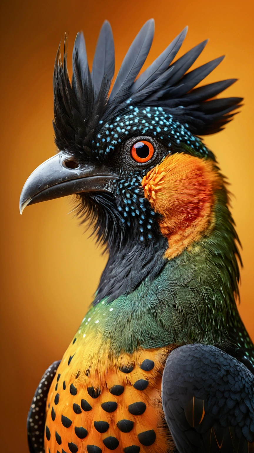 A highly detailed and exotic crested bird with black plumage adorned by vibrant multicolored spots, bright orange eyes, a short sharp beak, a white chest, and a distinctive head tuft, set against a warm golden background, (best quality,4k,8k,highres,masterpiece:1.2),ultra-detailed,(realistic,photorealistic,photo-realistic:1.37),exquisite details,intricate ornamental patterns,dramatic lighting,lush opulent colors,depth of field