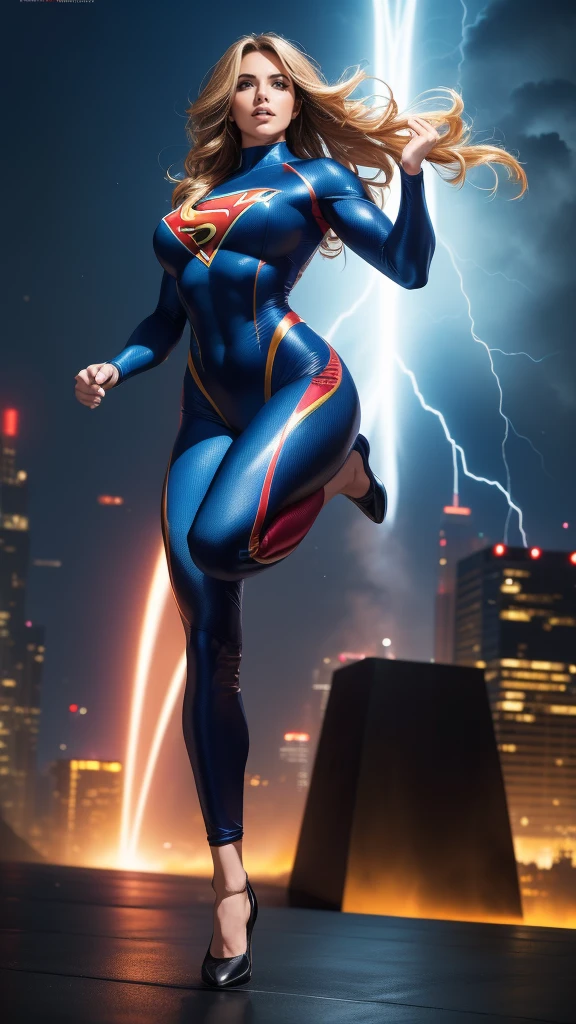 ((Full body photo, standing, feet on the floor)) (best quality,4k,8k,highres,masterpiece:1.2),ultra-detailed,(realistic,photorealistic,photo-realistic:1.37),female superhero,sexy,inspiring,strong,confident,vibrant colors,dynamic pose,explosive background,beautiful detailed eyes,beautiful detailed lips,longeyelashes,flowing hair,tight-fitting costume,heroic,athletic,action-packed,comic book style,powerful aura,lightning effects,cityscape background,high contrast lighting,powerful stance,captivating,energy beams,fierce expression,super strength,super speed,courageous,superheroine in flight,graceful movements