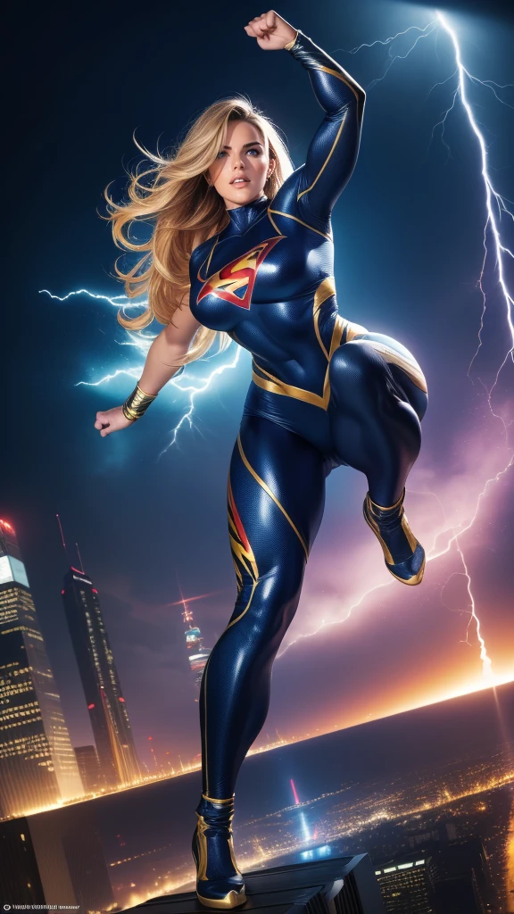 ((Full body photo, standing, feet on the floor)) (best quality,4k,8k,highres,masterpiece:1.2),ultra-detailed,(realistic,photorealistic,photo-realistic:1.37),female superhero,sexy,inspiring,strong,confident,vibrant colors,dynamic pose,explosive background,beautiful detailed eyes,beautiful detailed lips,longeyelashes,flowing hair,tight-fitting costume,heroic,athletic,action-packed,comic book style,powerful aura,lightning effects,cityscape background,high contrast lighting,powerful stance,captivating,energy beams,fierce expression,super strength,super speed,courageous,superheroine in flight,graceful movements