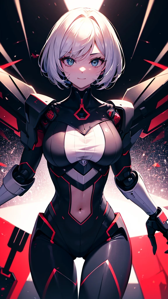 Optimistic and excited Matador Robot sent to destroy her, creating what we can assume to be a very serious female robot the robot has green eyes wears a fancy shirt Murder Drones