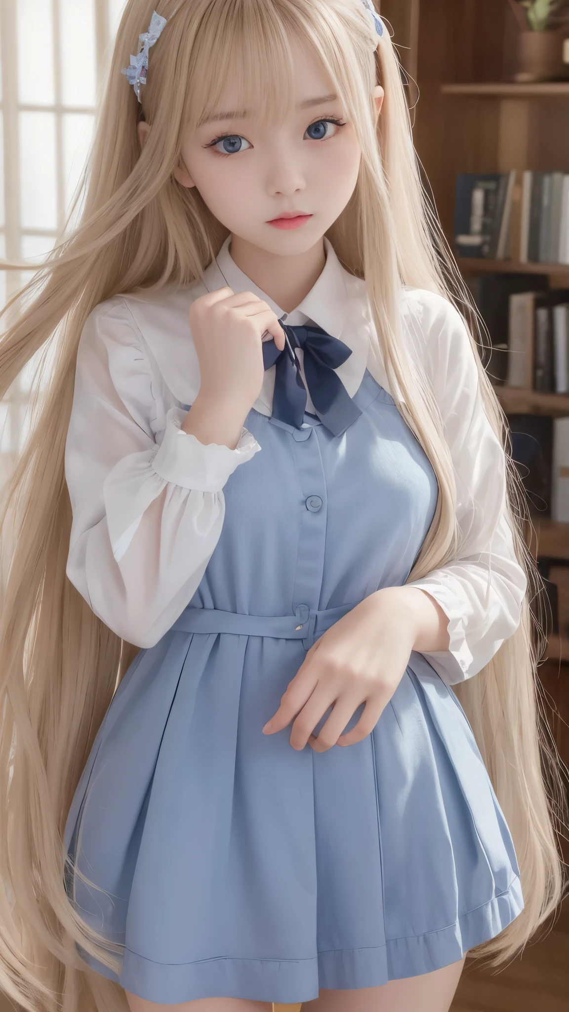 Bright expression、Photorealism、Highest quality、Ultra-high resolution、picture、The most beautiful Scandinavian girls photos、A cute and beautiful face down to the last detail、(Pure Eros Face_v1:0.008)、Beautiful Bangs、Alice in Wonderland、18-year-old、Glowing White Skin、Hair sticks to face、Bangs on the face、Bans、Hair between the eyes、Super long hair、Attractive bright natural blonde super long straight silky hi-light hair、Beautiful bright transparent light blue big eyes that are charming and shining、School uniforms、、eyeliner、double eyelid、(Ample breasts)、(Correct Anatomy)