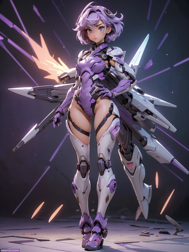 1girl, masterpiece, best quality, (nude:0.5), short stylish hair, Mecha, mecha wings, purple eyes, light particles, panty peek, (purple:1.3), best quality, ultra detailed, realistic, (full body shot:1.6)