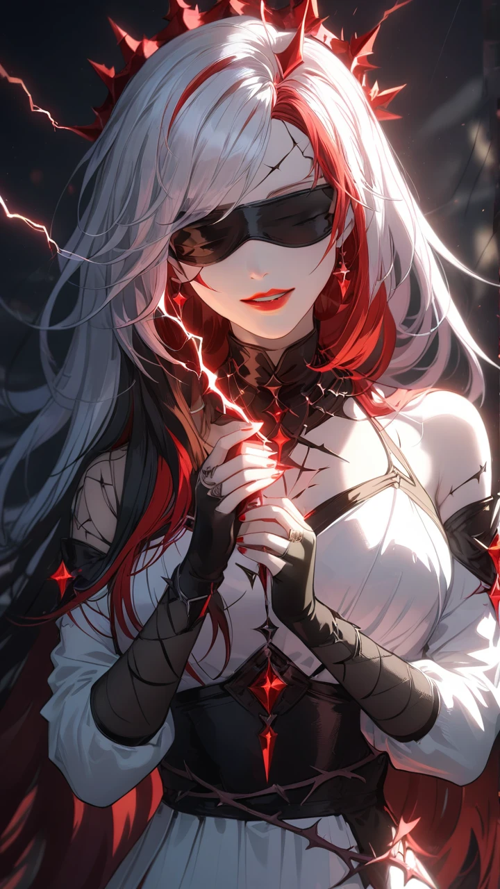 1girl, (blindfold), split-color hair:1.3, long hair, red lips, laugh, white dress, see-through sleeve, pale skin, crown of thorns , dramatic lighting, soft shadow, masterpiece, best quality, safe, SFW, very aesthetic, recent, absurdres, highres, lightning, glowing,